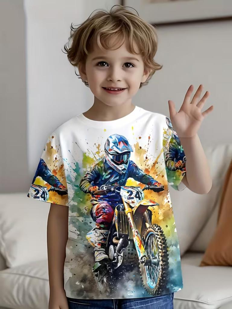 Motorcycle rider 3D printed T-shirt for boys, suitable for boys, short-sleeved top, fashionable street style children's clothing for summer.