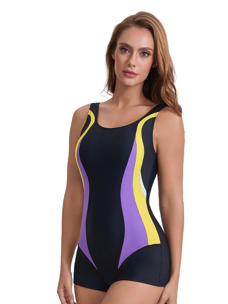 New Conservative High-Waist Colorblock One-Piece Swimsuit Slim Fit Racing Swimwear Women Sport Swimwear less