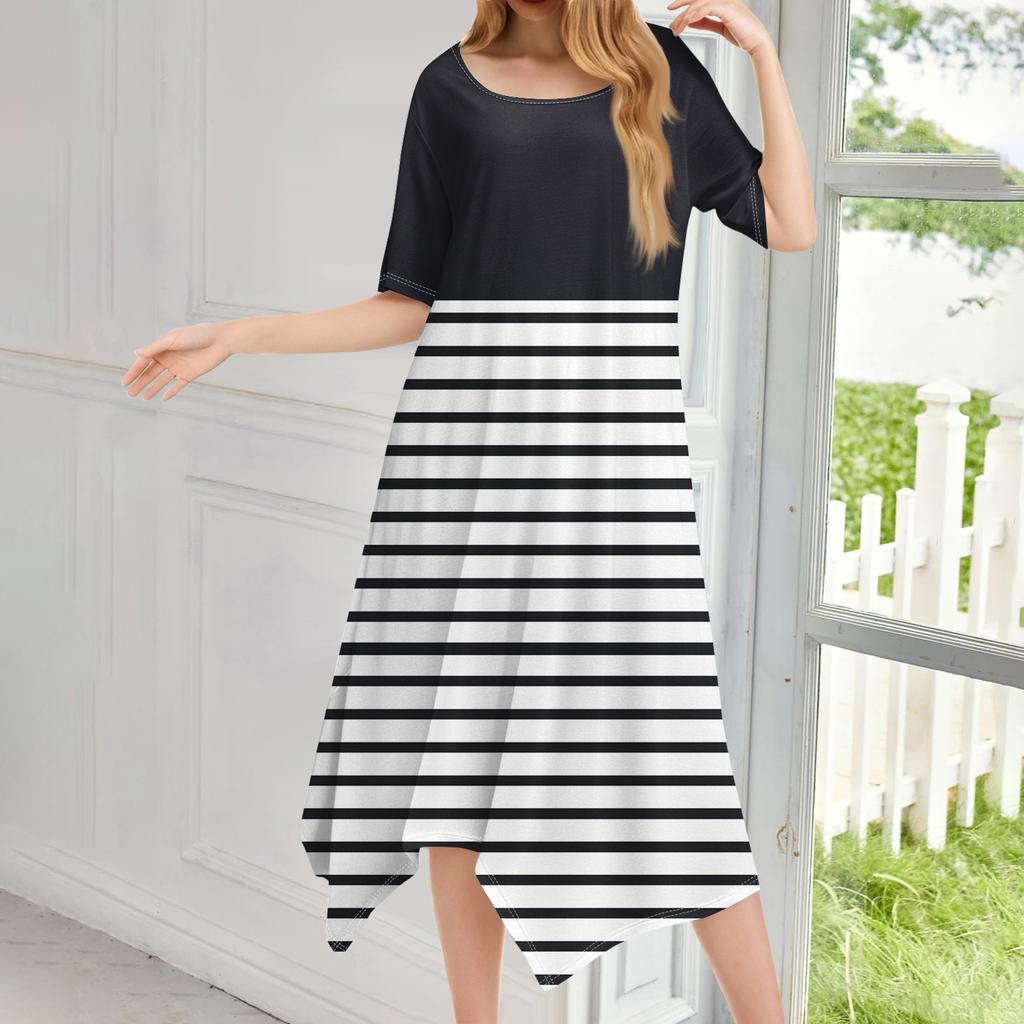 Женское повседневное модное платье миди с круглым вырезом и коротким рукавом с принтом и неровным подолом