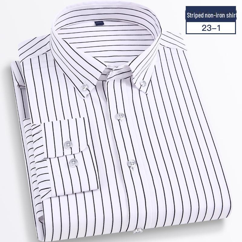 Мужская рубашка 2025 года в полоску, с длинным рукавом, облегающего корейского кроя — повседневная деловая одежда, не требует глажки, удобная.