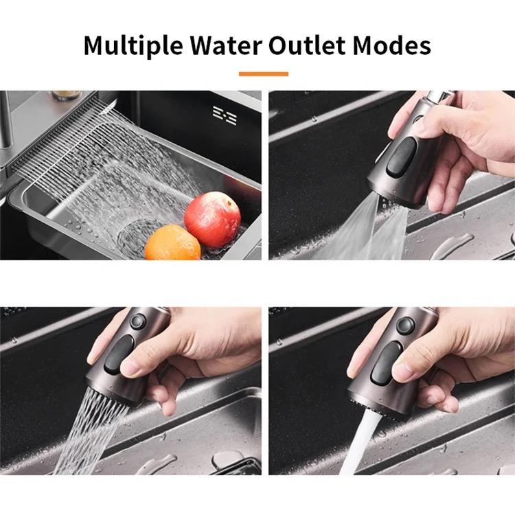 Modern Single-Handle Rotatable Stainless Steel Kitchen Faucet with Waterfall Design Pull Spray Deck Mounted Ceramic Valve Core