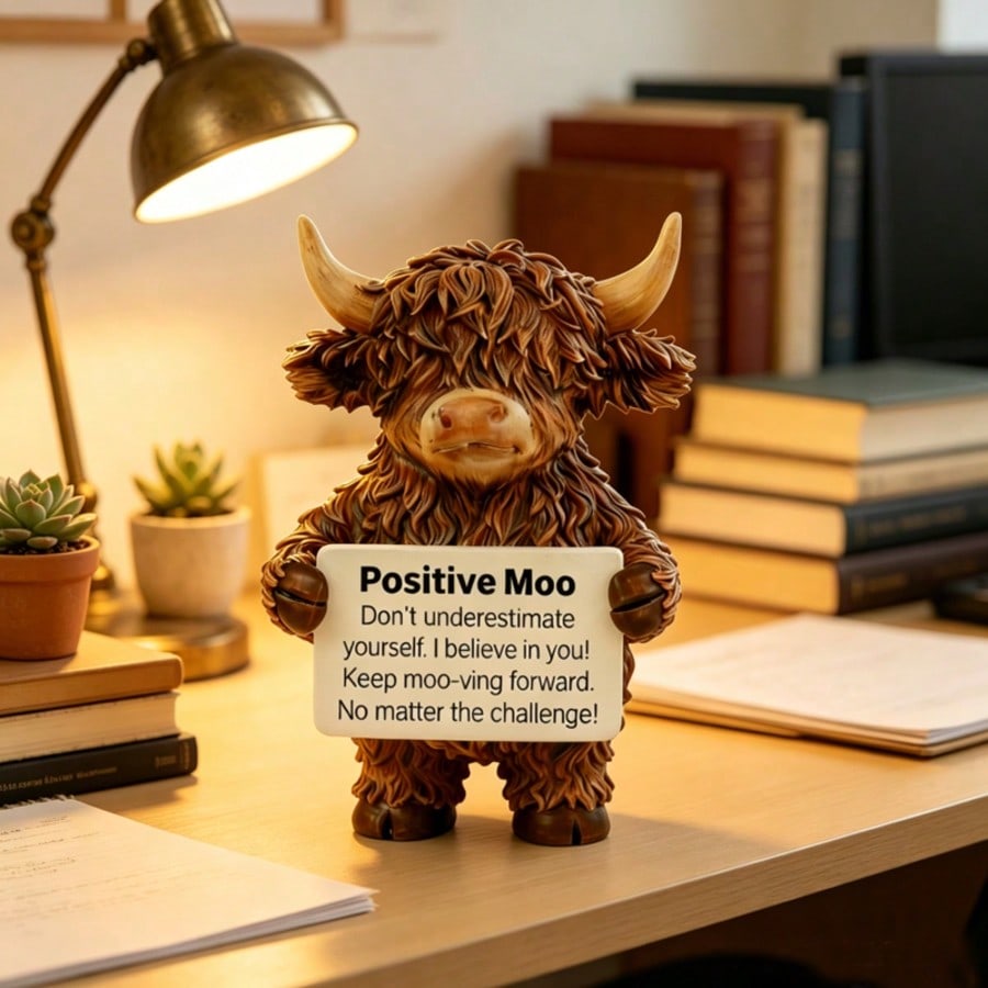 A Cute Scottish Highland Cow Statue, Resin Farmhouse Cow Desk Decor, Encouragement Cheer Up Gift for Office Home Shelf Tabletop