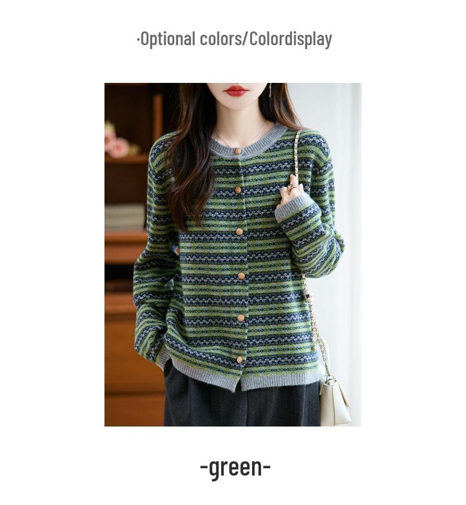 2025 Fall/Winter Women's Loose Knit Cardigan with Raccoon Fur Trim, Soft Color Block, Round Neck, Slimming Fit