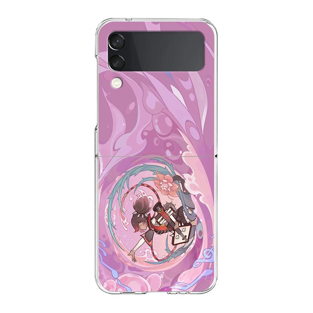 Genshin Impact Cartoon Logo For Samsung Galaxy Z Flip 3 4 5 Hard Folding Clear PC Phone Case For Samsung Z Flip3 Cover Bumper