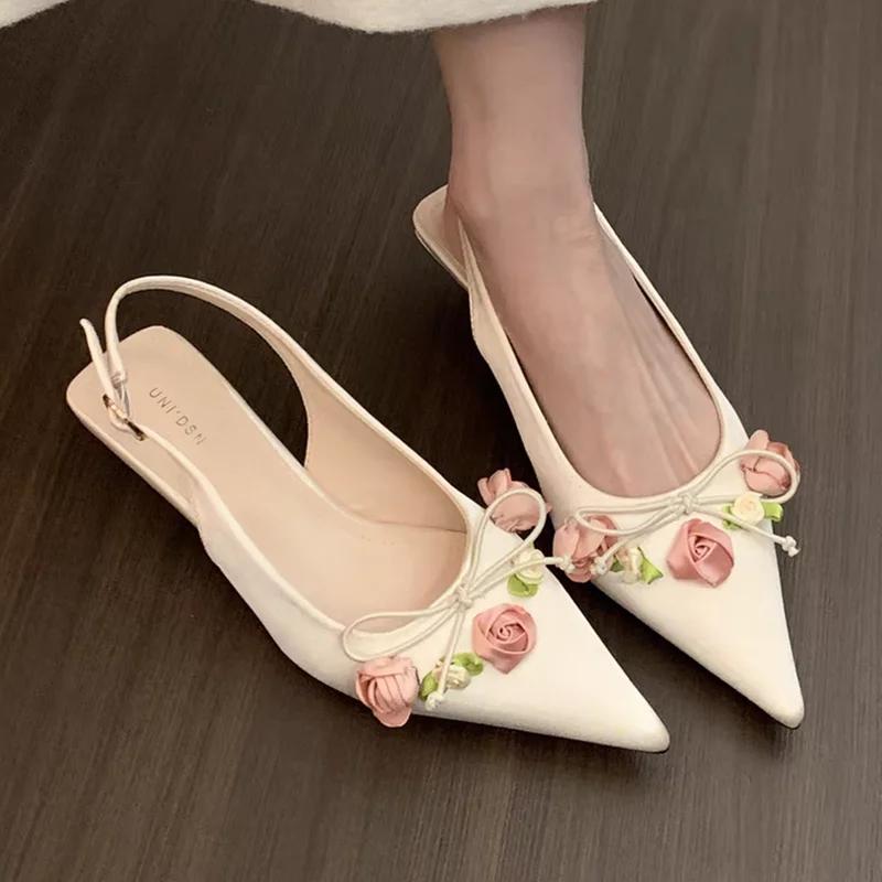 Модные женские туфли на каблуке с острым носком, элегантные шлепанцы с цветком, летние модные туфли-лодочки, женские босоножки для платья, тренд 2025, уютные женские zapatos