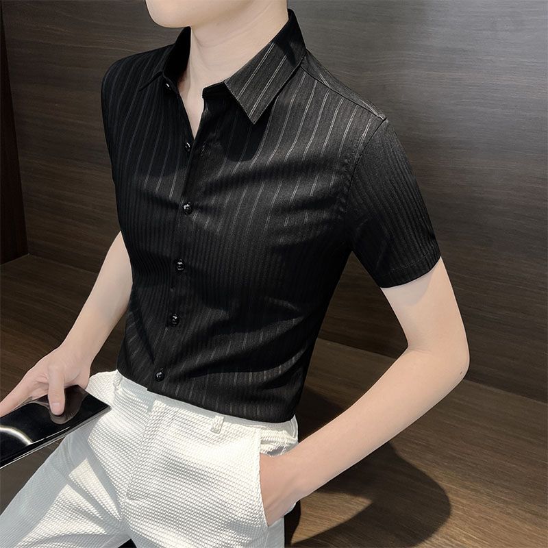 New Summer Fashion Handsome Casual Stripe Versatile Short Sleeved Shirt Men's Solid Lapel Button Slim High End Simple Tops