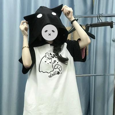 Футболки Kawaii Y2K с милыми кошачьими ушками, мультяшный принт, футболки с капюшоном, женская рубашка с коротким рукавом, летние топы, женская одежда для девочек