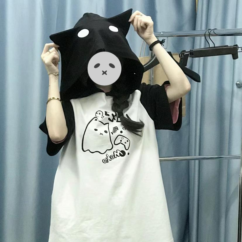 Kawaii T-Shirts Y2K Cute Cat Ear Cartoon Print Hooded Tees Women's Short Sleeve Shirt Summer Tops Women Girl Clothing