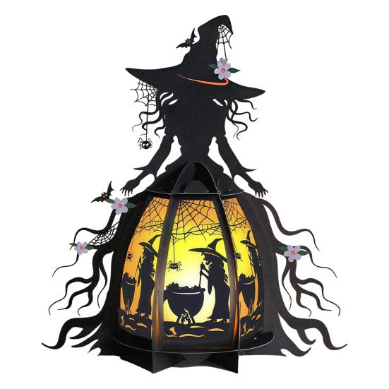 Хэллоуинский фонарь ведьмы 3D Жуткий фонарь Светящийся настольный центральный элемент Готическая лампа ведьмы с летучей мышью и черепом для украшения дома, каминной полки, прихожей, столешницы