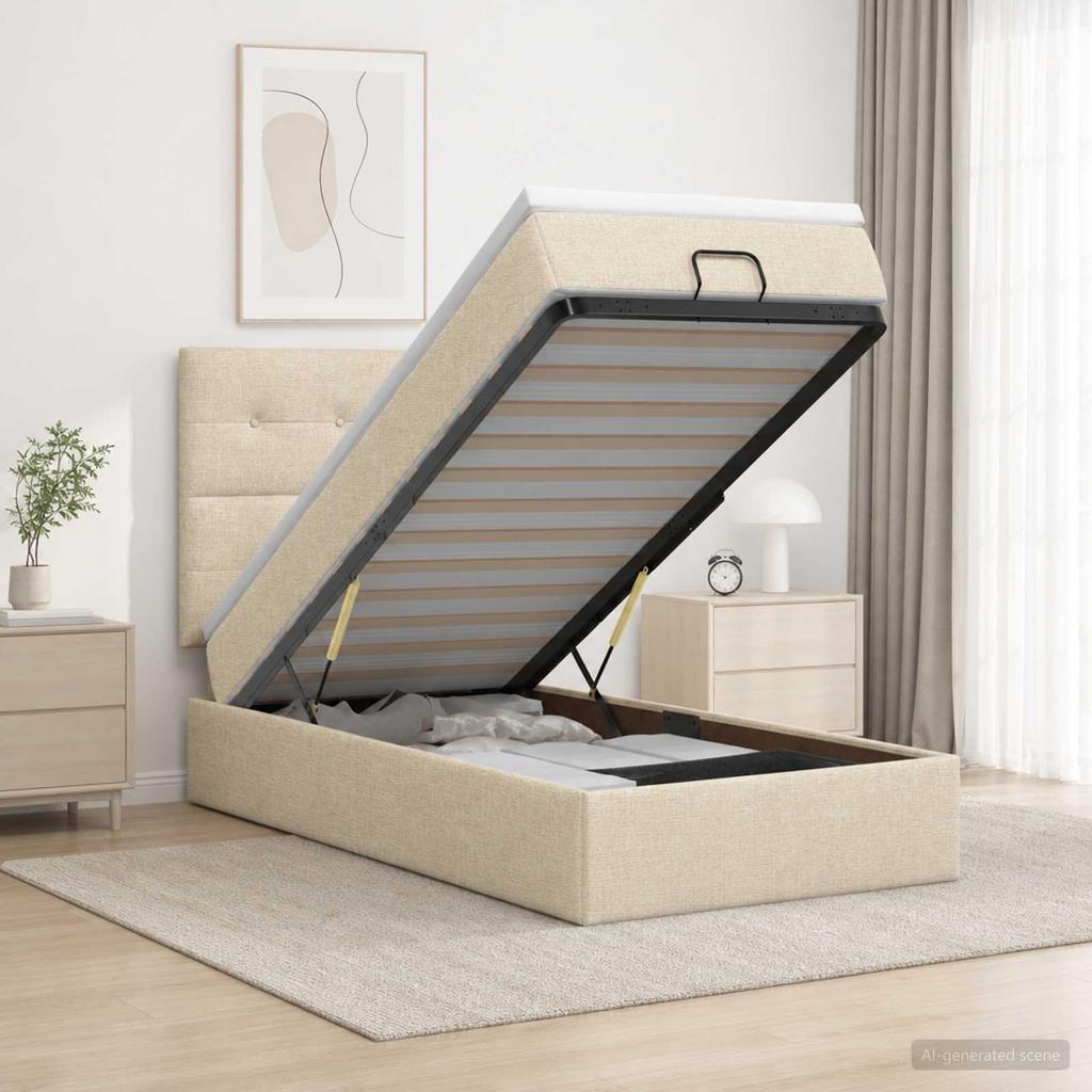 Ottoman Bed with Mattress and LED Cream 90 x 200 cm Fabric