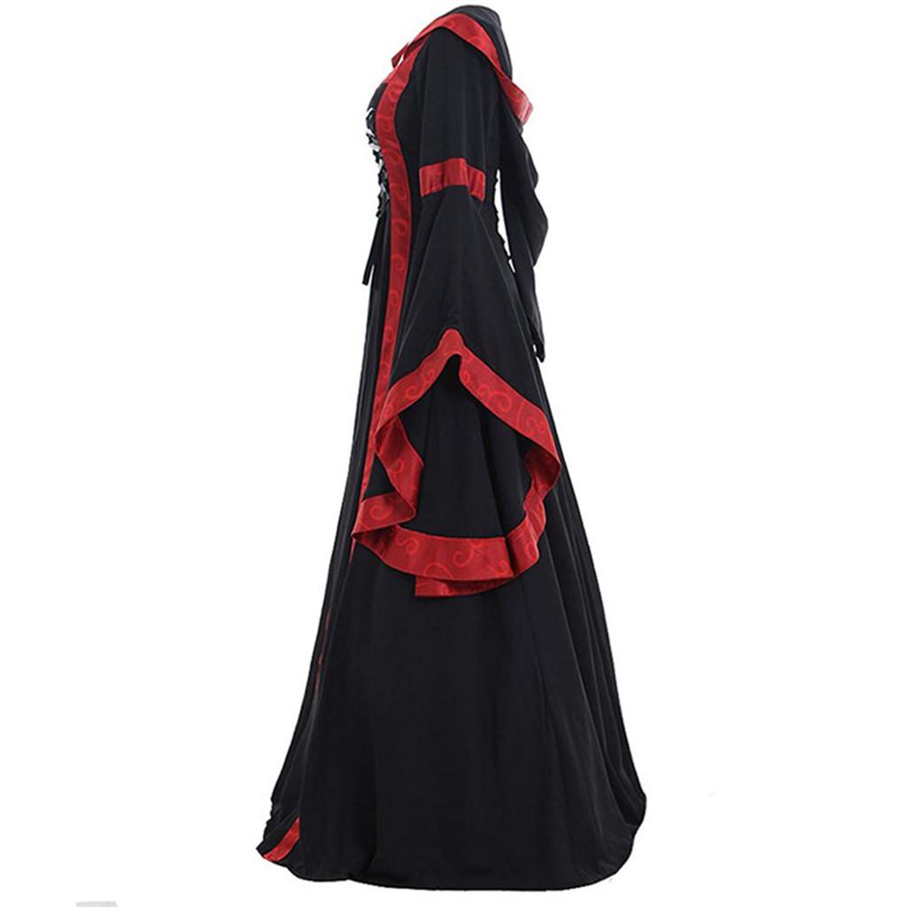 Plus Size 5XL Women Medieval Floor Length Dress Cosplay Costumes Long Bell Sleeve Lace-Up Princess Long Dress Retro Gothic Dress