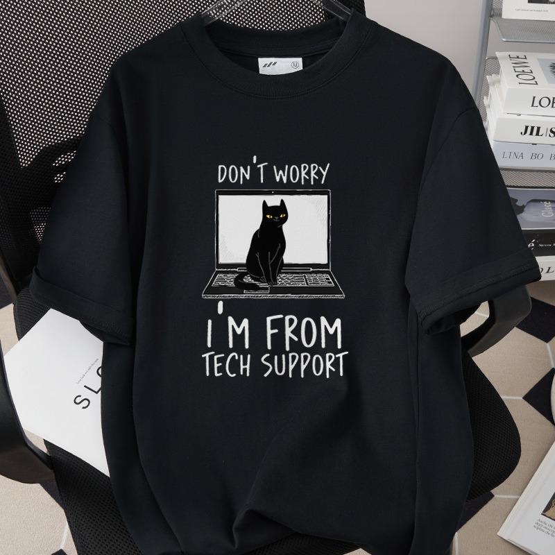 Tech Cat Short Sleeve Tshirt Black American English Cartoon Pattern Cat Casual Top Daily Versatile Commuter Home Clothes
