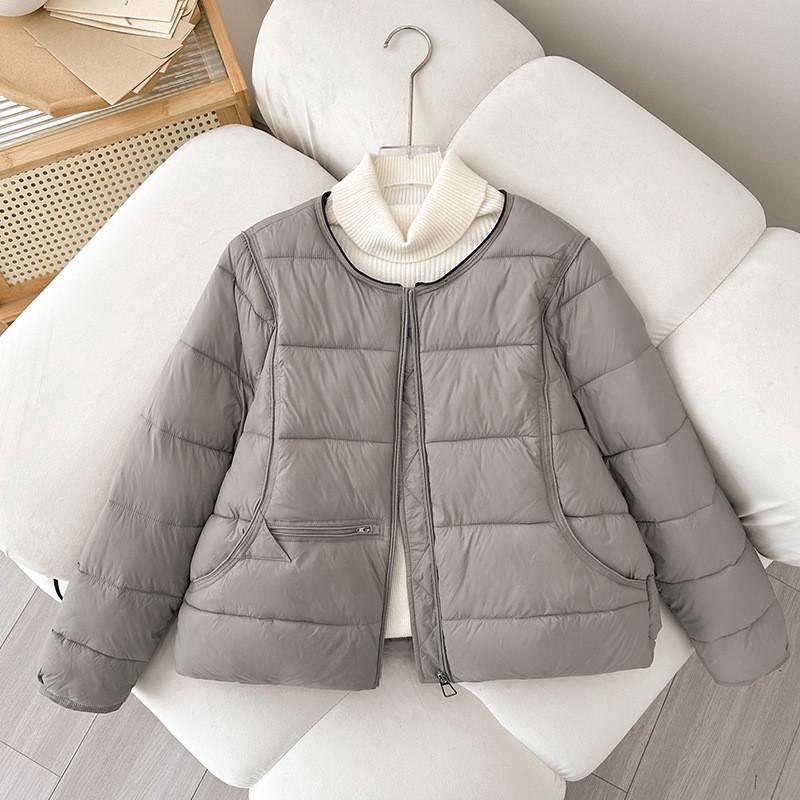 Womens Lightweight Puffer Jacket Solid Color Round Neck Loose Fit Casual College Style Winter Coat