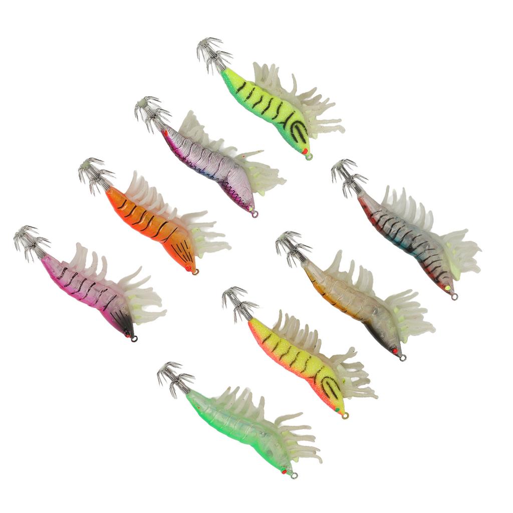 8pcs Shrimp Lures Luminous Silicone Realistic with Sound Beads Shrimp Baits for Squid Octopus 3.5
