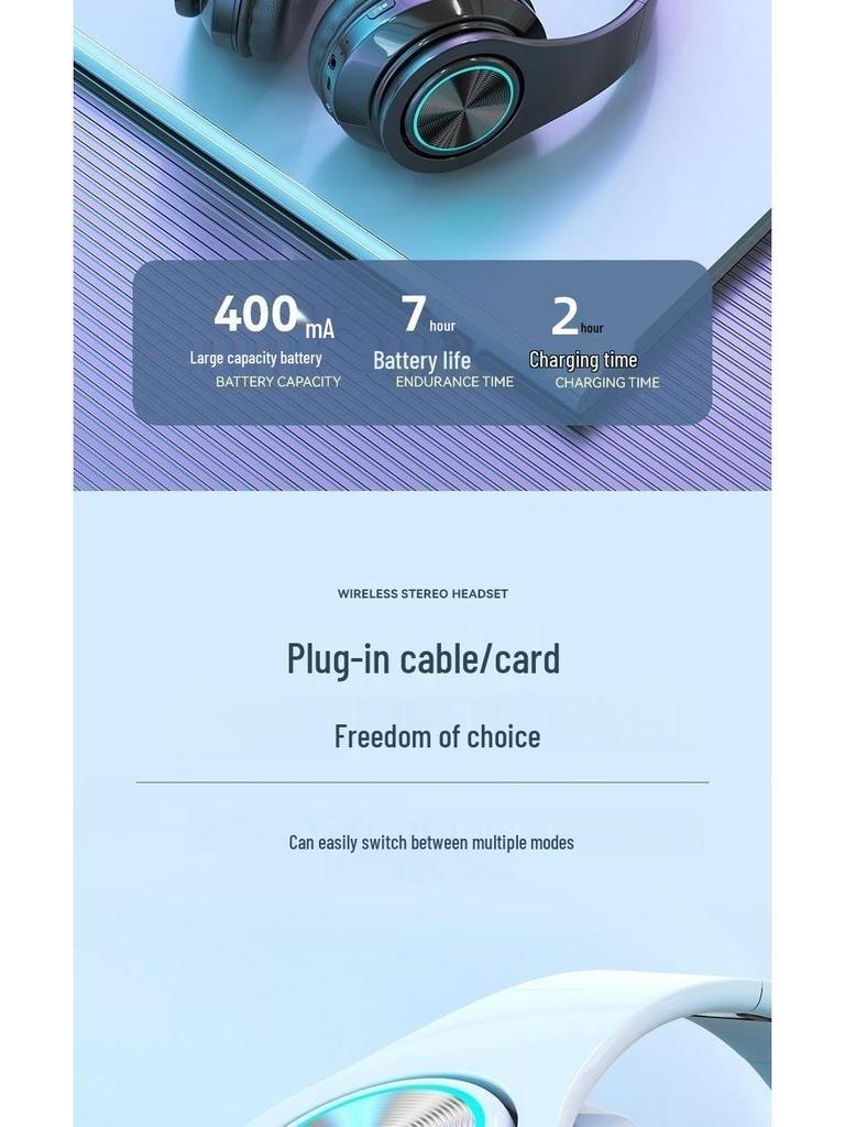 B39 Over-Ear Bluetooth Headphones: Cool Light Effects, Card Slot, Excellent Sound Quality for Male and Female Students