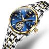 OLEVS Women's Automatic Mechanical Watch, Cute, Waterproof, Luminous, with Diamonds, Date Display, Blue, Gold & Blue, L6608