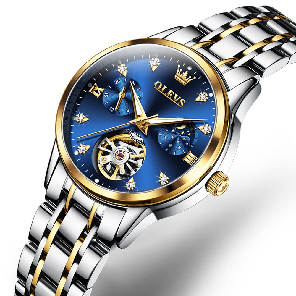 OLEVS Women's Automatic Mechanical Watch, Cute, Waterproof, Luminous, with Diamonds, Date Display, Blue, Gold & Blue, L6608