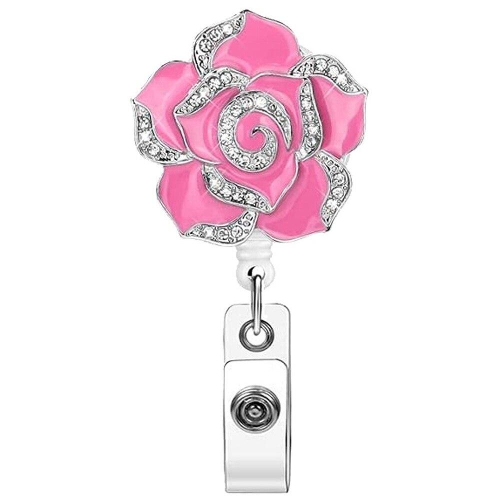 Катушка для бейджа с розой и бриллиантами для женщин и девочек, бейдж с именем, рабочий пропуск, выдвижной ремешок, нагрудная бирка, клипса, катушка