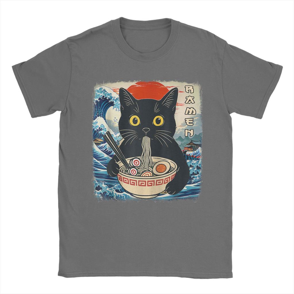 Funny Japanese Black Cat Ramen T-Shirt Men Crew Neck 100% Cotton T Shirts Kawaii Noodle Cat Short Sleeve Tees Birthday Gift Tops