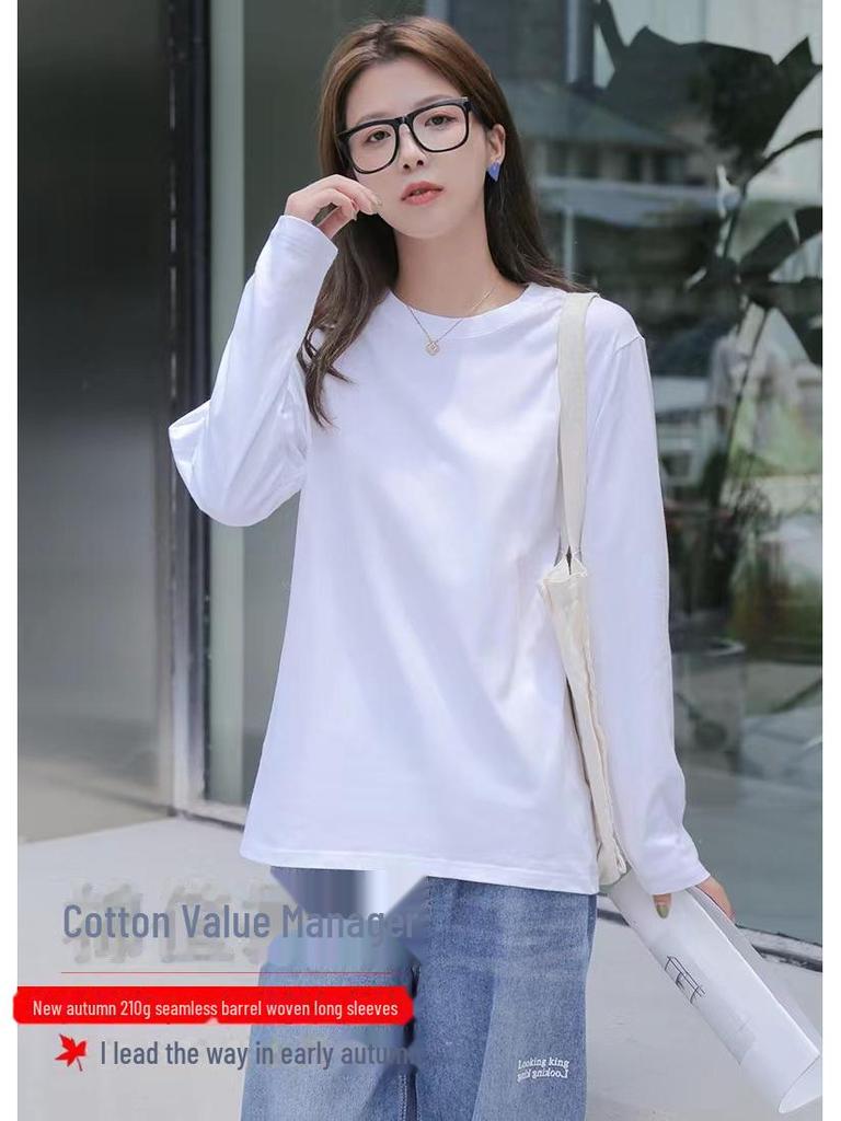 Женская футболка из чистого хлопка с круглым вырезом и длинными рукавами: Свободный многослойный топ на осень/зиму
