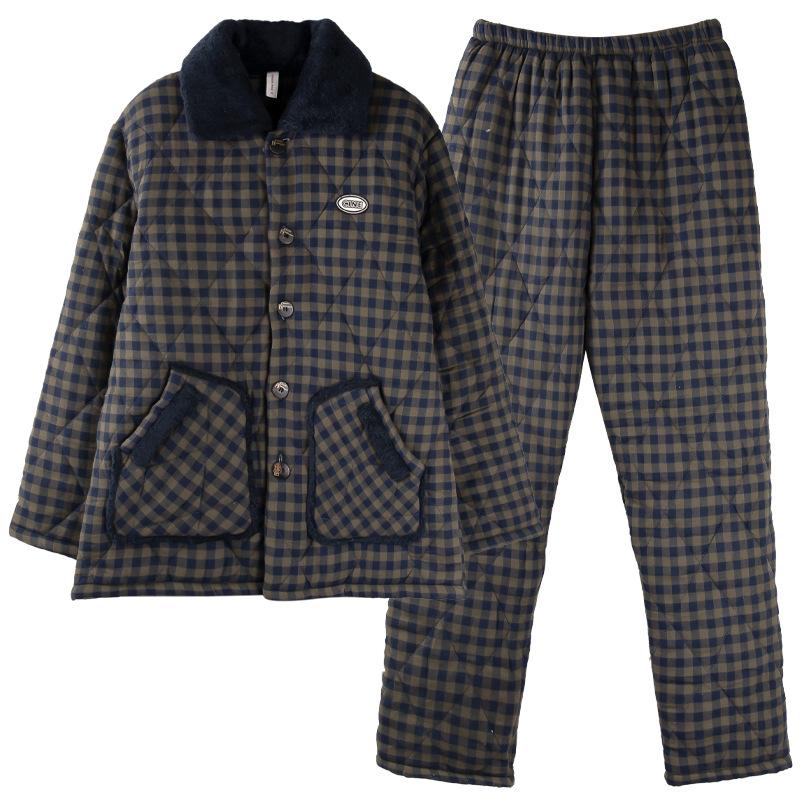 Pajamas Men'S Winter Three-Layer Pure Cotton Padded Thickened Fleece Warm Winter Coral Fleece Large Size Loungewear Set