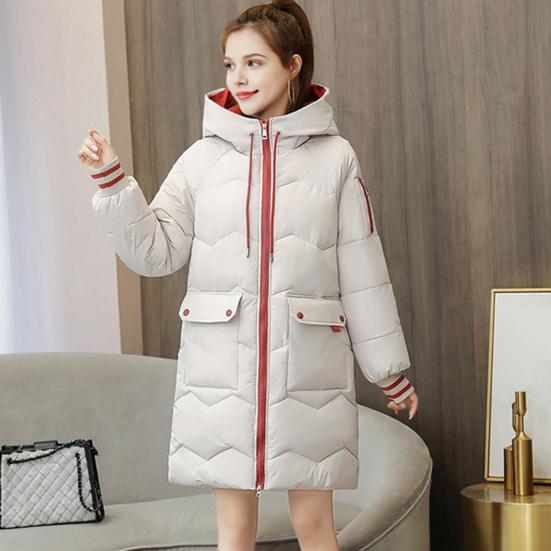 Зимнее пуховое пальто Утолщенный с капюшоном Защита шеи Карманы Застежка-молния Затягивающийся шнурок Ветрозащитный Сохранение тепла Повседневная верхняя одежда для холодной погоды Хлопок