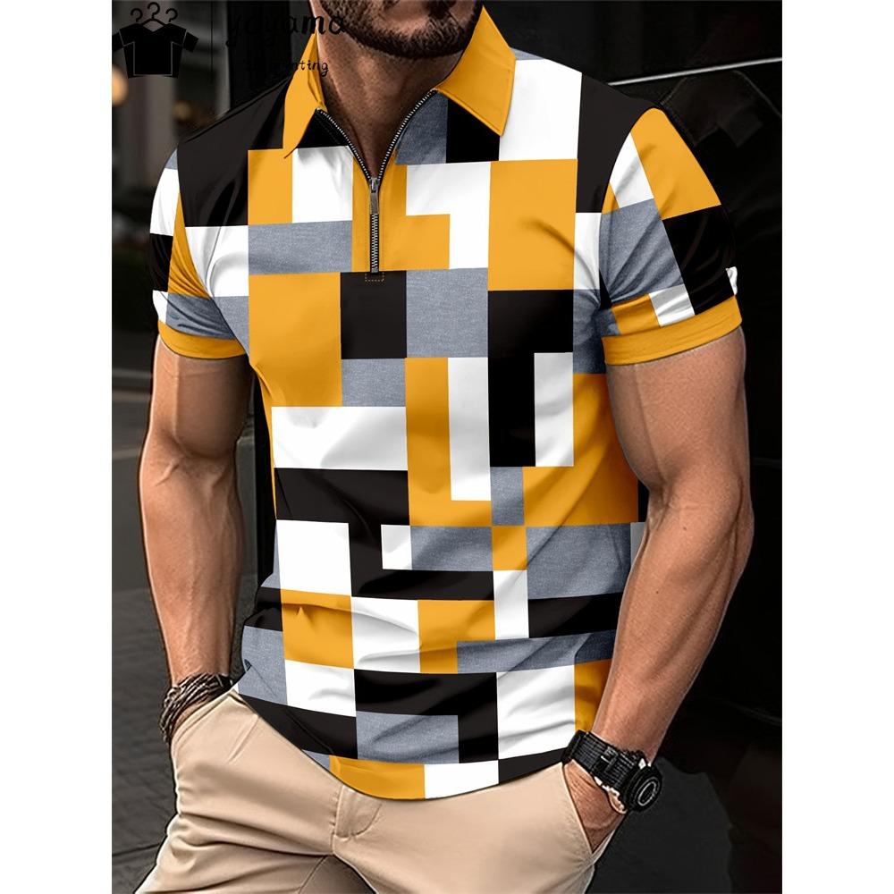 Мужская футболка-поло на молнии, модная клетчатая футболка с 3D-принтом, повседневная деловая футболка, мужское поло, уличная футболка с коротким рукавом на молнии