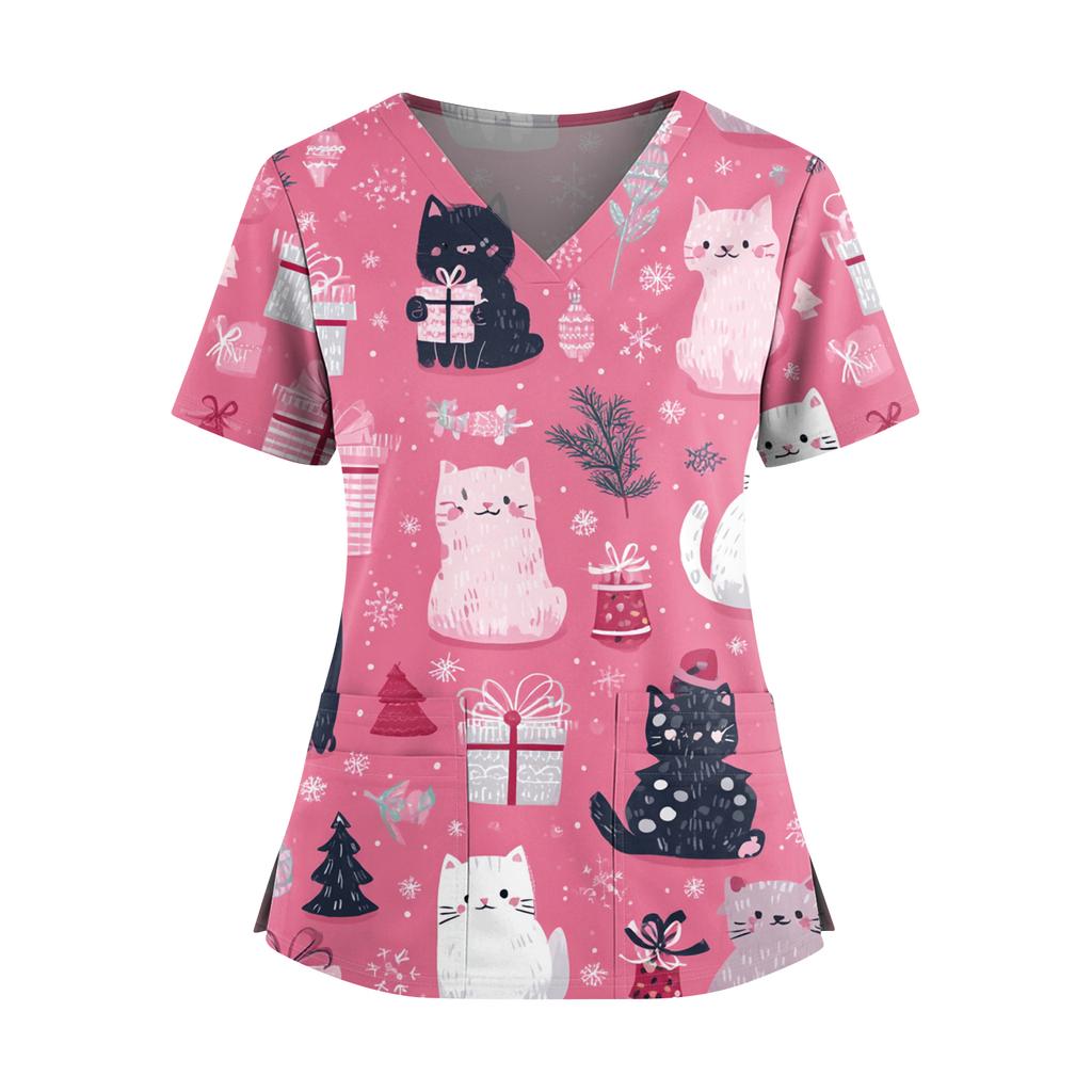 Женский топ с рождественским принтом, V-образным вырезом, двумя карманами, короткими рукавами, разрезом по подолу, униформа и одежда для ухода