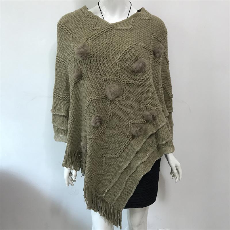 Causal Fashion Women Knitted Batwing Cape Tassels Poncho Cloak Ladies Fur Ball Sweater Outwear