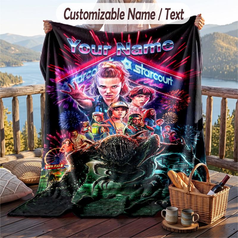 Custom Text Flannel Throw Blanket, Lightweight Cozy Bed Sofa BlanketStranger Things