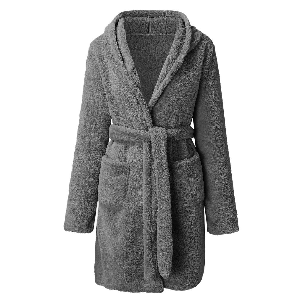 Winter Hooded Home Plush Pajamas Solid Color Warm Bathrobe Women