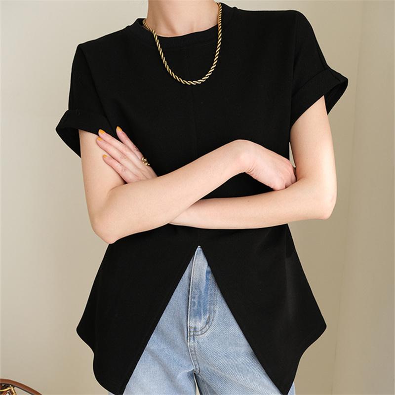 2022 Summer Solid Simple Elegant Ladies Tops Fashion Harajuku Dovetail Split Design Short Sleeve Tshirts Women O-neck Folds Slim