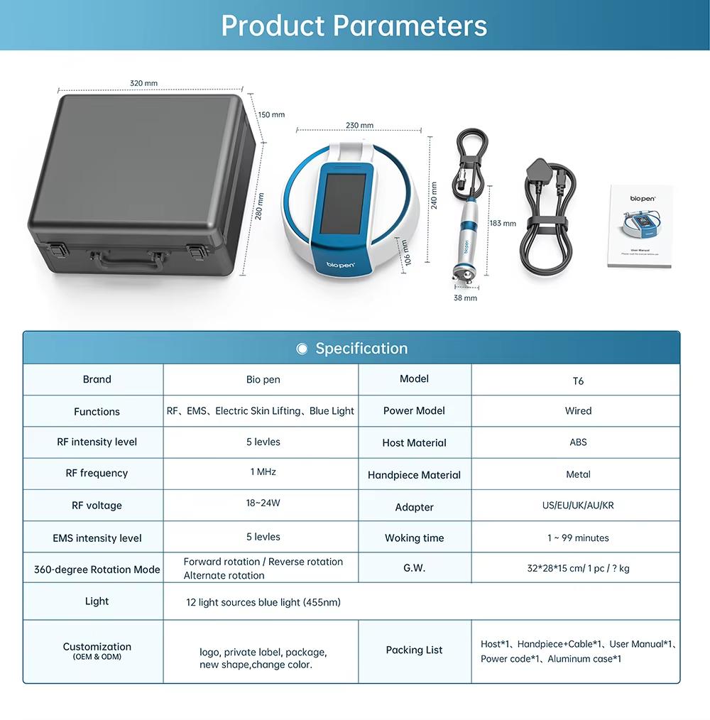 Factory T6 BIO Pen Multifunctional Beauty Machine Face Slimming Beauty Skin Care Device Blue LED EMS 360 Degree Massage RF Lift
