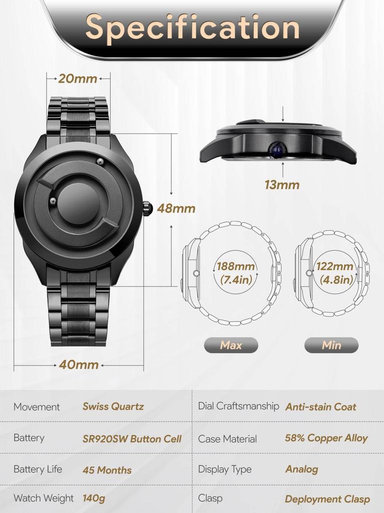 Магнитные часы с шарикоподшипником, дизайн унисекс, кварцевые часы, минимализм, повседневные, водонепроницаемые, 40 мм, черный циферблат, черный браслет из нержавеющей стали [EUTOUR] мужские и женские