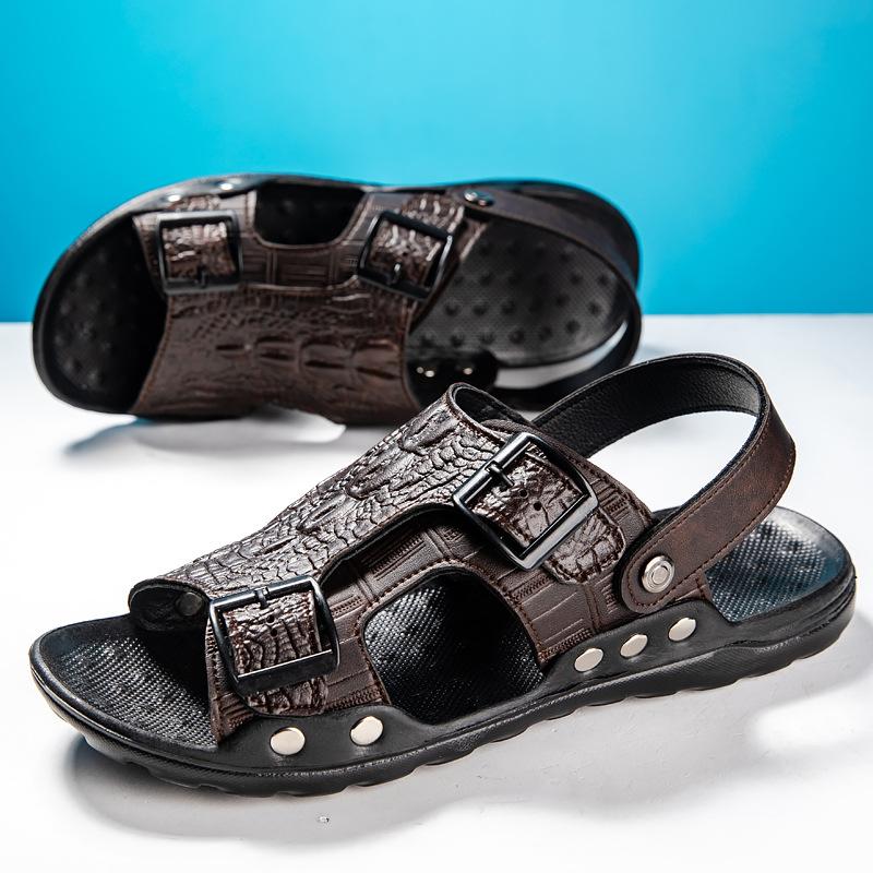 Летние мужские сандалии с открытым носком 2024 года, новые дышащие и удобные пляжные туфли, повседневные универсальные ленивые тапочки с одной педалью
