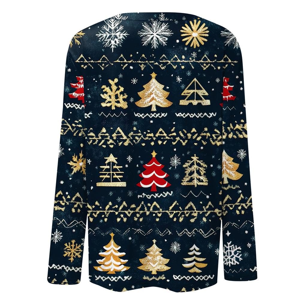 Женская мода повседневный рождественский принт круглый вырез длинный рукав пуловер топ