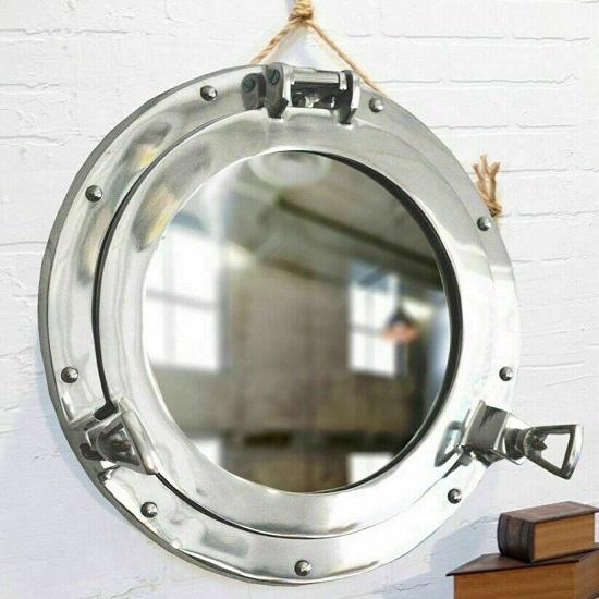 12" Porthole Mirror ~ Silver Finish ~ Nautical Maritime Decor