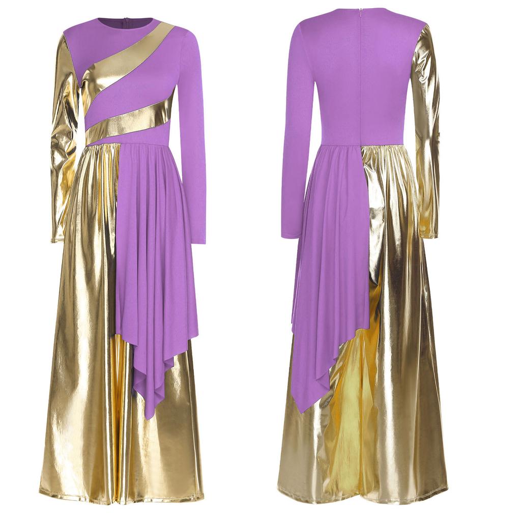S-3XL Versatile Praise Dance Wear: Eye-Catching Metallic Patchwork Jumpsuit Featuring an Artistic Irregular Drape Design