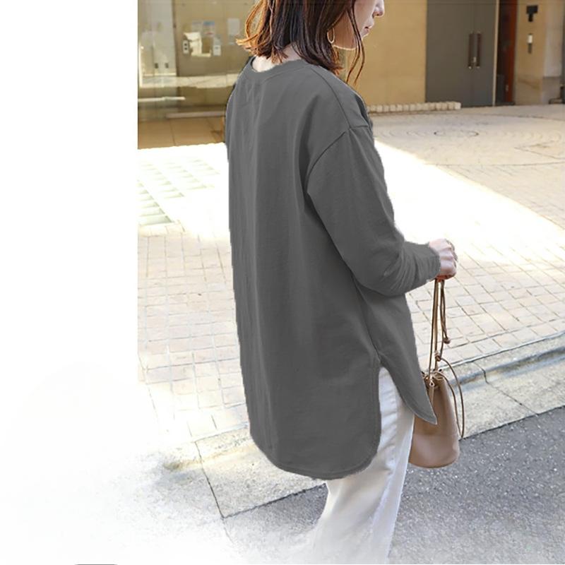 Свободная и повседневная однотонная женская футболка из чистого хлопка с круглым вырезом и длинными рукавами