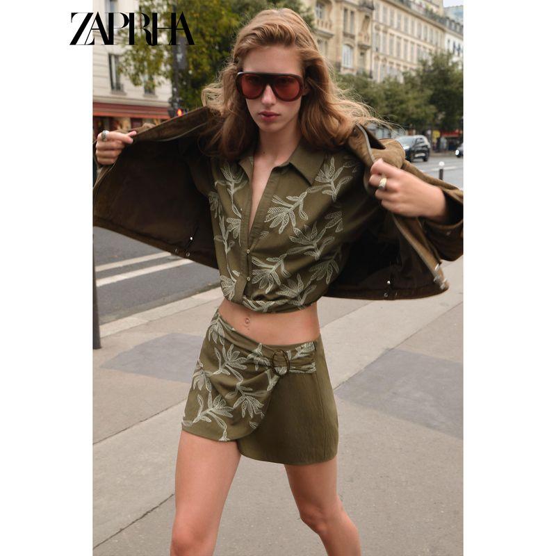 Zaprha 2025 Autumn New Women Lapel Curling Short sleeve V-neck Contrast Color Embroidery Shirts Top 3564156