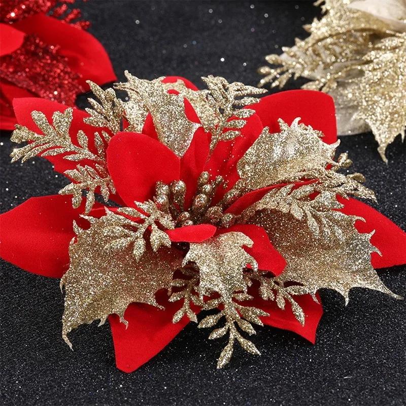 10/30/50PCS Glitter Christmas Flowers Fake Flower Tree Decorations 2026 Home Tree Pendant Ornaments Navidad New Year Gift