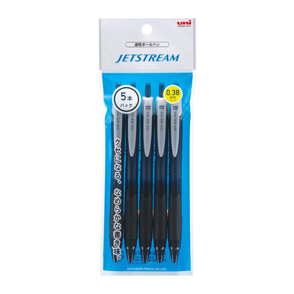 Mitsubishi Pencil Шариковая ручка Jetstream, гладкая, на масляной основе, 5 шт., 0,38 мм, черная, Наконечник, SXN150385P.24