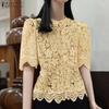 Women Summer Stand Collar Lace Crochet Patchwork Half Sleeve Blouse