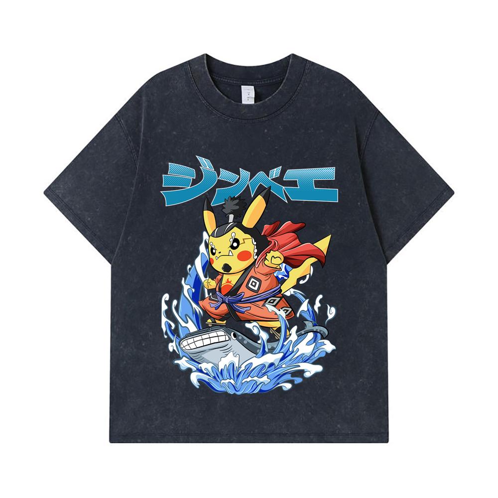 275 GSM Washed T-shirts 100% Cotton Pokemon V11 Jimbei Pikachu Print Unisex Heavy Cotton T Shirt