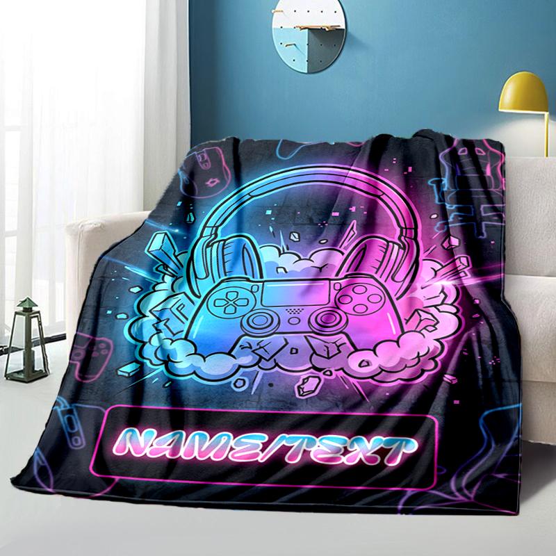 1PC Custom Name Gamer Neon Vibes flannel blanket versatile,all-season throw suitable for the living room,bedroom,camping,travel,and gift