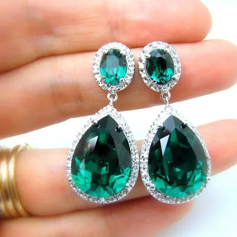 Fashionable Banquet Elegant Emerald Cubic Zirconia Earrings, High-end Inlaid Wedding Style Swaying Zircon Accessories