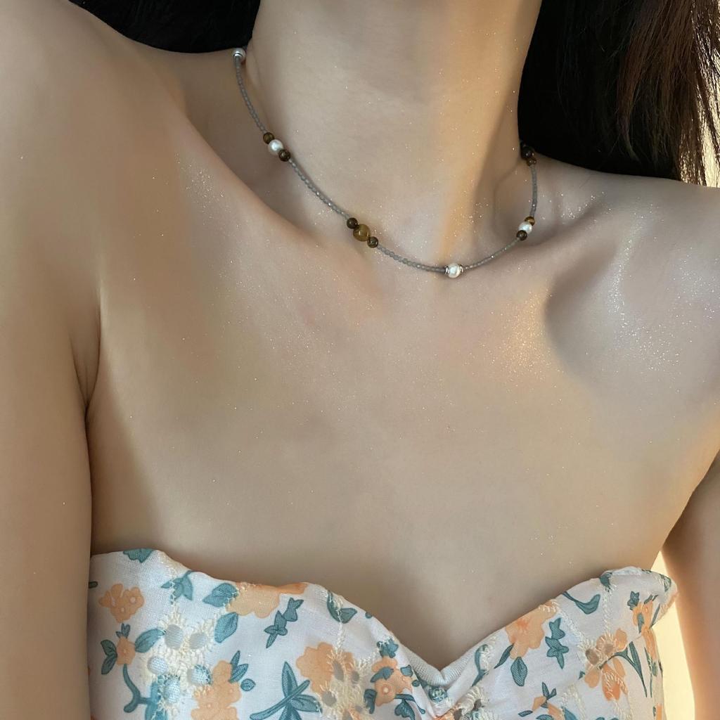 Ожерелье-цепочка на ключицу ручной работы из тигрового глаза и имитации жемчуга - Женский модный и универсальный аксессуар