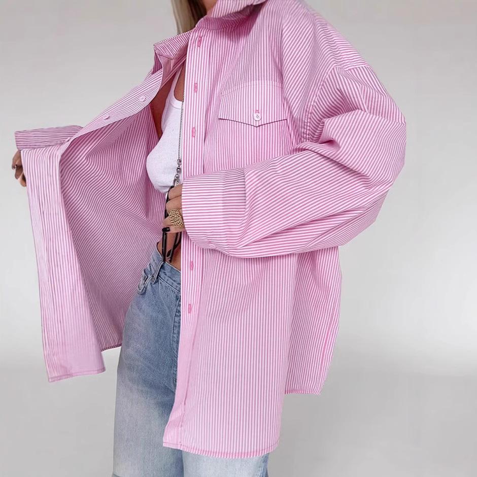 European and American fashion versatile pink striped shirt women's spring and summer design sense casual loose cotton shirt top women's clothing