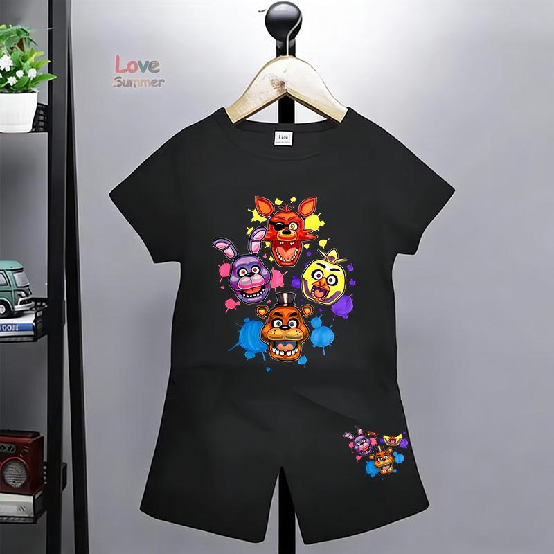 Набор футболок FNAF Дышащий Детский Пять Ночей Топ Мальчики Девочки Летний С Фредди Короткий рукав Шорты Комплект из двух предметов