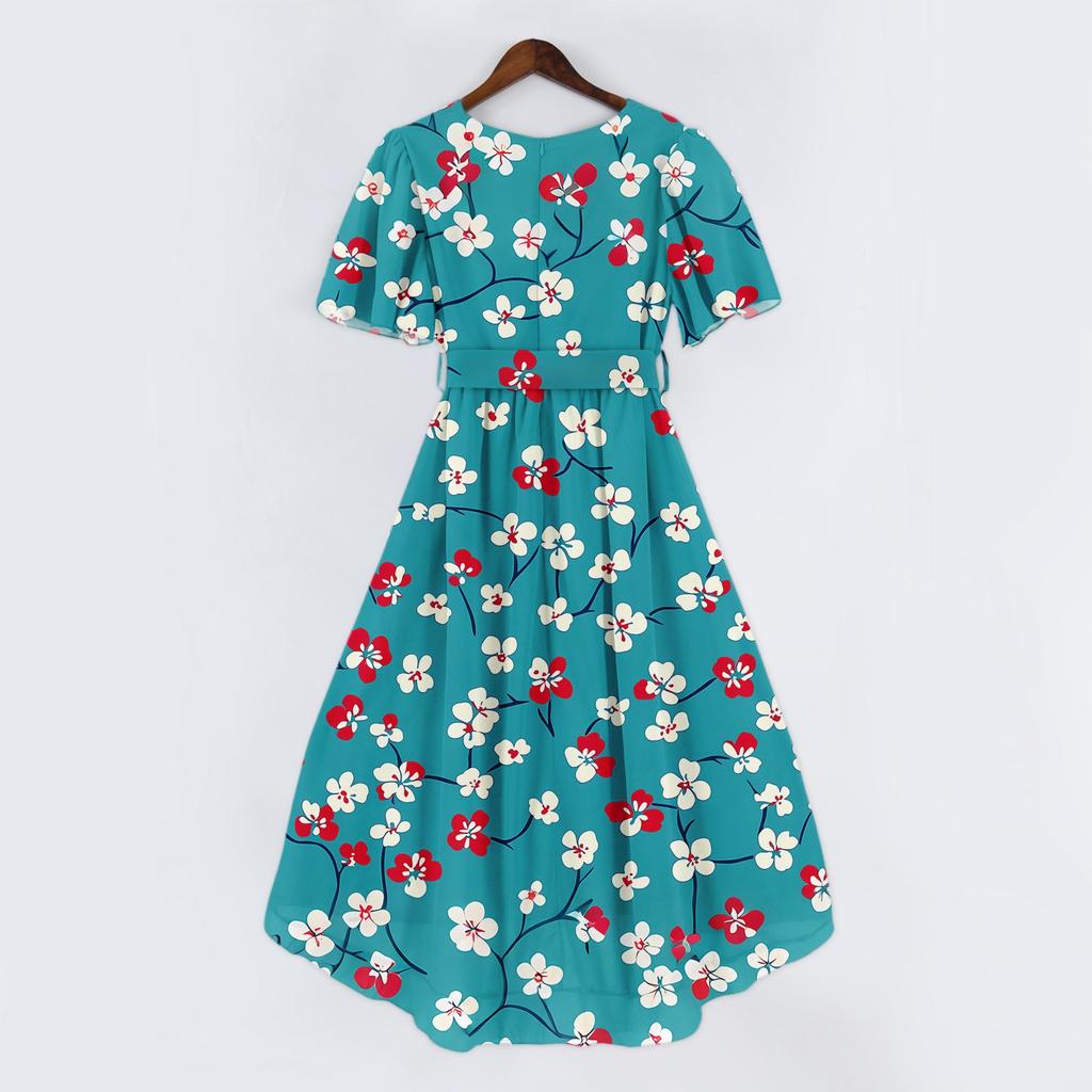Women's Fashion Casual V Neck Short Sleeve Ruffled Vintage Printed Dresses